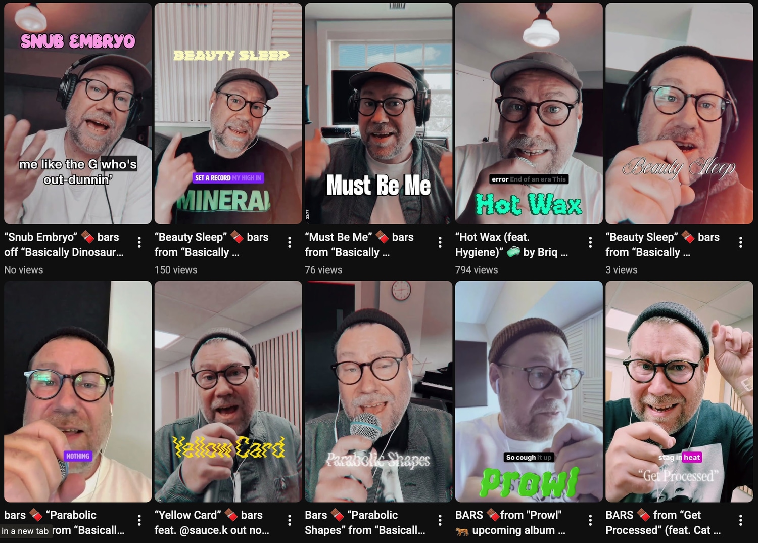 a grid of video thumbnails of Youtube Shorts featuring Hygiene rapping